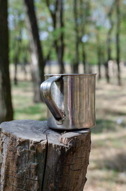 istock Metal mug on a tree stump in the forest. 1279115671