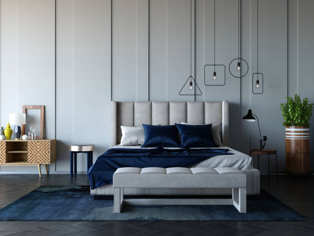 istock 3d rendering of new bedroom with grey lamp. 1279116049