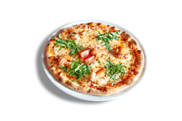 istock White plate with round pizza and shrimp. 1279118218