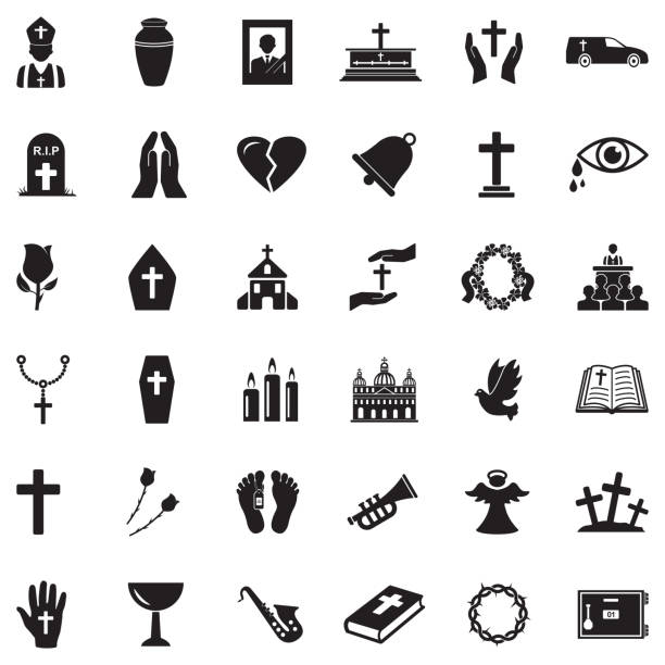 ilustrações, clipart, desenhos animados e ícones de ícones funerários. black flat design. ilustração vetorial. - church symbol rosary beads christianity