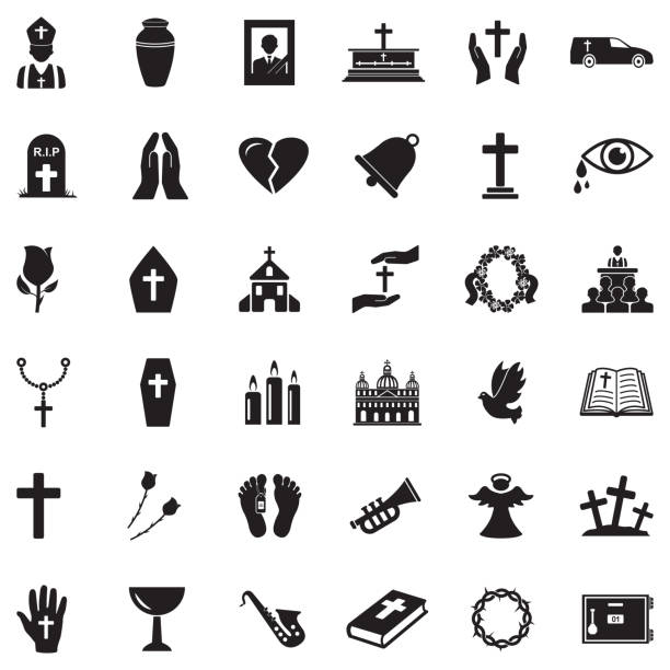 похоронные иконы. черный плоский дизайн. векторная иллюстрация. - church symbol rosary beads christianity stock illustrations
