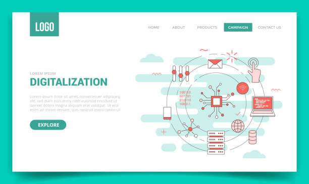 digitalization concept with circle icon for website template or landing page banner homepage digitalization concept with circle icon for website template or landing page banner homepage vector illustration dx stock illustrations