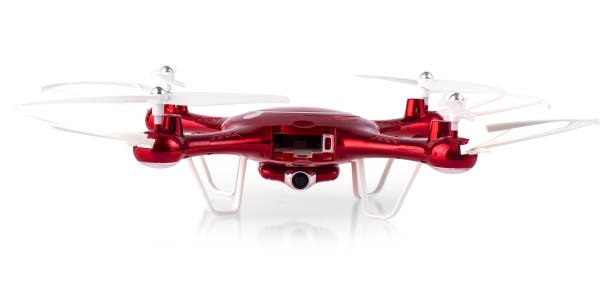 istock red drone flying isolated on white background. Clsoe up of fly drone 1279121398