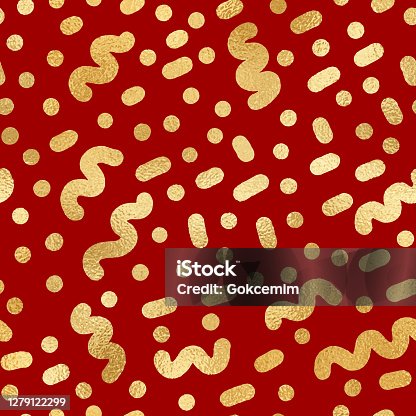 istock Gold Foil Confetti Seamless Pattern Background. Geometric abstract vector pattern tile. Repeating banner design metallic golden texture for cards, party invitation, packaging, surface design. 1279122299