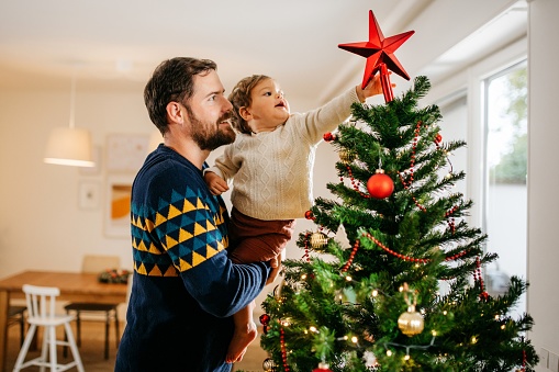 Father is lifting his son to put the star on the Christmas tree. Both are wearing winter sweaters. They are cheerful and smiling. Horizontal photo. Bright and cozy living room.