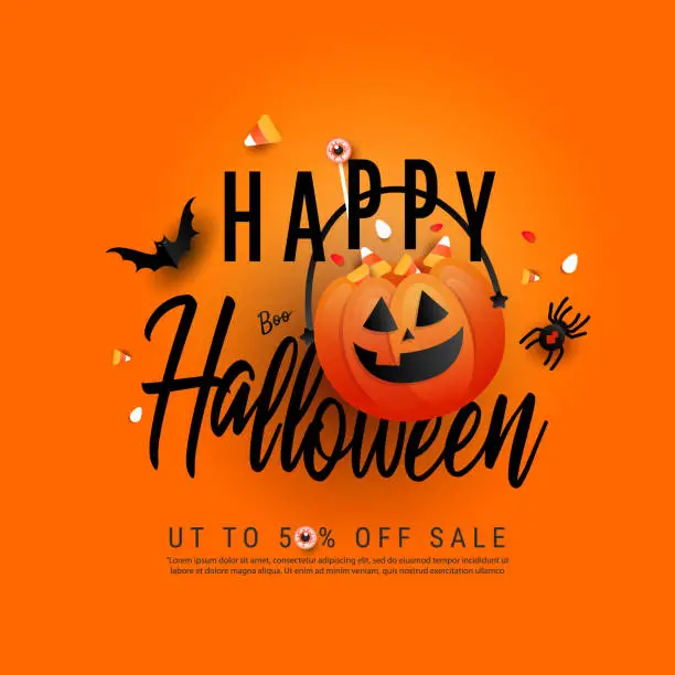 Vector illustration of Trendy art happy Halloween poster with orange trick or treat pumpkin and color candy, bats, spider or black widow spider. Flat lay, top view with copy space
