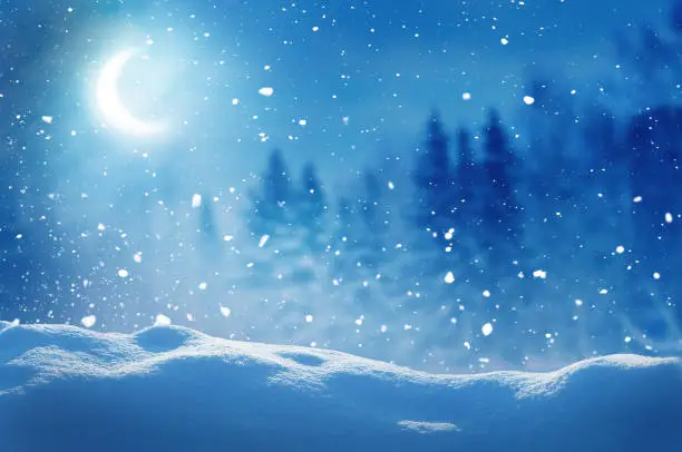 Winter  background .Merry Christmas and happy New Year greeting card with copy-space. Christmas night landscape with moon  and fir trees