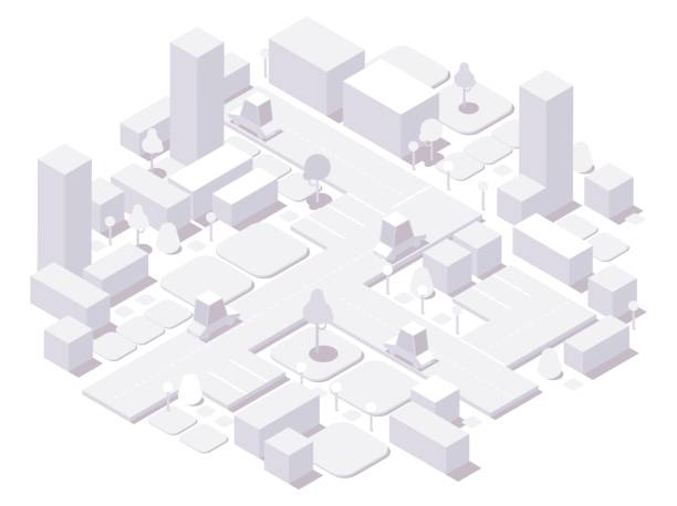 ilustraciones, imágenes clip art, dibujos animados e iconos de stock de concepto blanco de ciudad isométrico. edificios y coches dimensionales 3d, árboles y elementos aislados en blanco - town