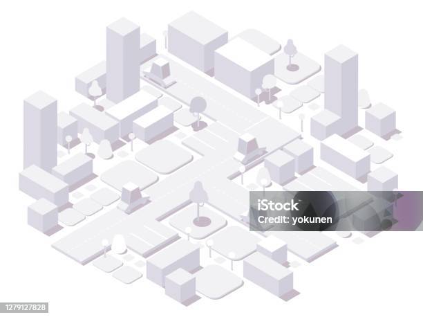 등색 도시 흰색 개념 흰색으로 분리된 3차원 건물과 자동차 나무와 요소 도시에 대한 스톡 벡터 아트 및 기타 이미지 - 도시, 등측투영법, 지도