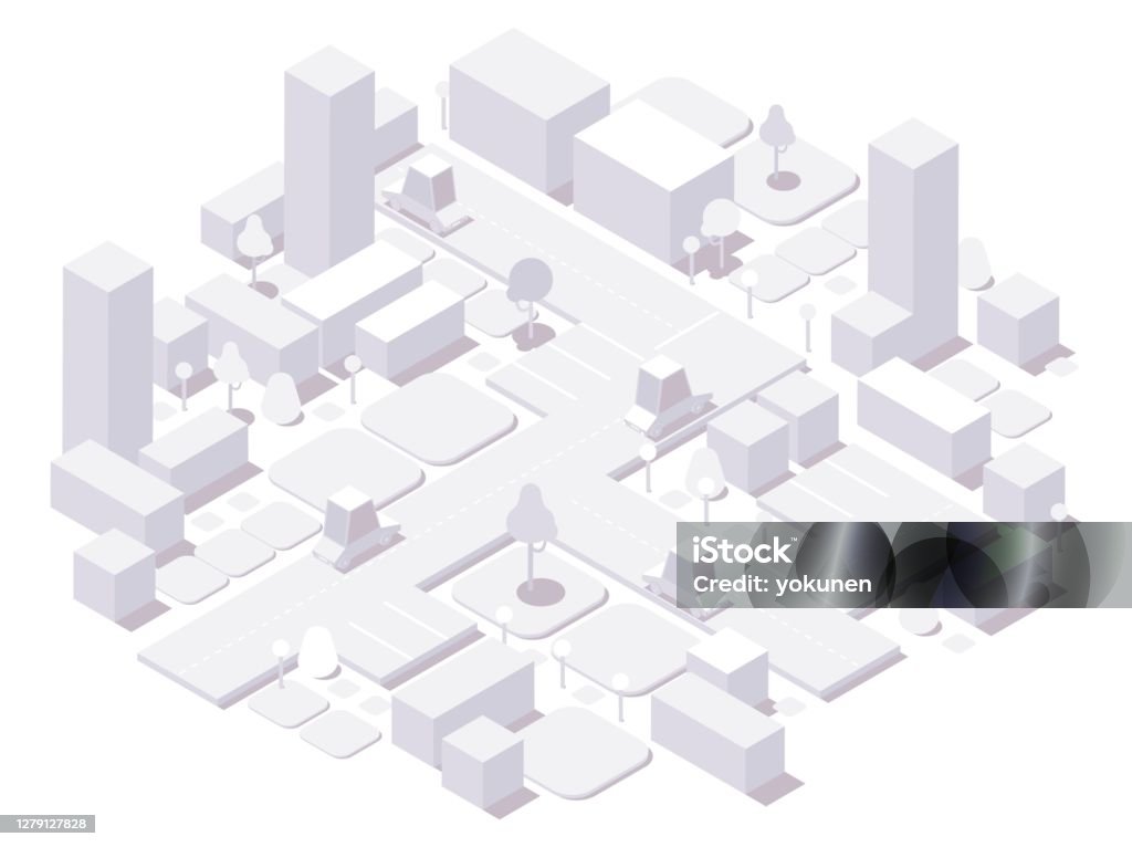 Isometrik şehir beyaz kavramı. 3d boyutlu binalar ve arabalar, ağaçlar ve beyaz izole elemanları - Royalty-free Şehir Vector Art