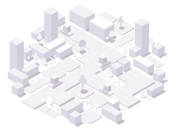 Isometric city white concept. 3d dimensional buildings and cars,trees and elements isolated on white Isometric city white concept. 3d dimensional buildings and cars,trees and elements isolated on white. tree 3d perspective stock illustrations