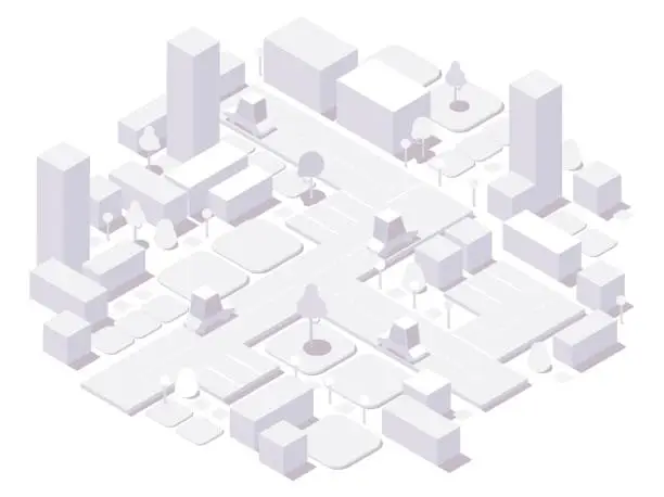 Vector illustration of Isometric city white concept. 3d dimensional buildings and cars,trees and elements isolated on white