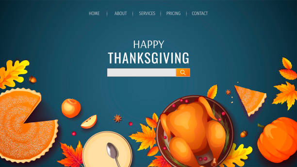 ilustrações de stock, clip art, desenhos animados e ícones de web bage design for happy thanksgiving banner with baked turkey, autumn leaves, pumpkin pie, apples on the blue background. - pie baked food pumpkin pie