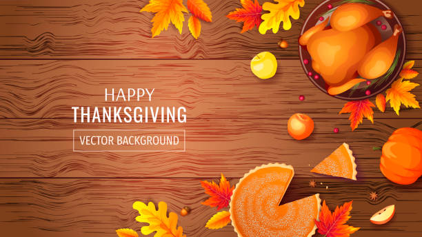 ilustrações de stock, clip art, desenhos animados e ícones de happy thanksgiving banner with baked turkey, autumn leaves, pumpkin pie, apples on the wooden background. - pie baked food pumpkin pie