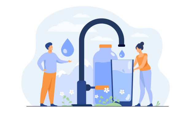 Pure fresh water concept Pure fresh water concept. Tiny woman pouring clean water from faucet with mountain landscape in background. Vector illustration for natural drink, healthy environment concept drinking stock illustrations