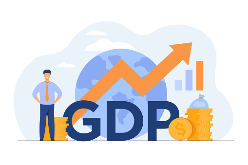 Gross domestic product concept. Growth arrow chart with globe, stacks of money, happy tiny professional. Flat illustration for national economy, monetary policy, global finance topics