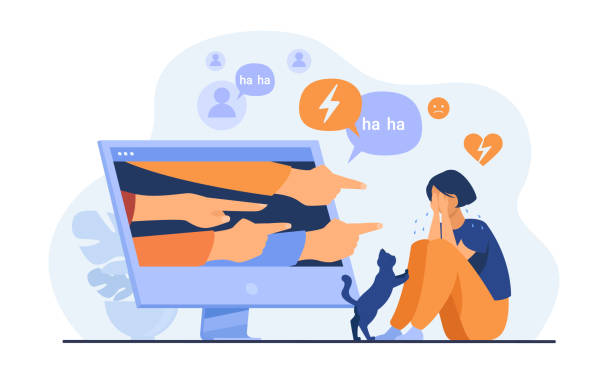 Social media bullying Social media bullying. Haters pointing fingers frim monitor at victim, laughing at crying girl. Flat vector illustration for hate, violence, stress, online abuse concept humiliate stock illustrations