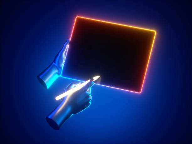 istock 3d render, hand holds digital pen and graphic pad device with colorful neon light, blank screen mockup, isolated on blue background. Digital art concept. Electronic signature concept 1279129006