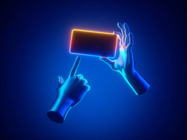 istock 3d rendering, hands hold smart phone with colorful neon light on blue background. Digital device presentation 1279129025