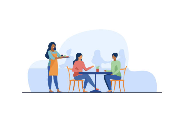 Two women sitting in cafe Two women sitting in cafe. Waiter, lunch, conversation flat vector illustration. Friendship and relationship concept for banner, website design or landing web page meeting at cafe stock illustrations