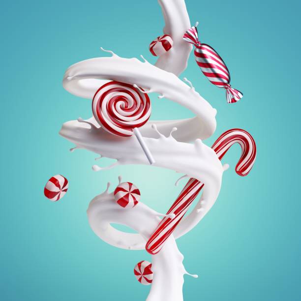 rendering 3d di schizzi di latte a spirale, dolci caramellati a strisce e canna da zucchero isolati su sfondo blu. getto ondulato liquido spruzzi bianco e tratta levitare. illustrazione del cibo natalizio - falling candy christmas candy cane foto e immagini stock