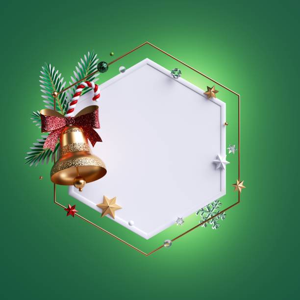 istock 3d render, minimal Christmas hexagonal frame isolated on green background, decorated with golden bell with red bow. Fir tree twigs, ornaments, stars, snowflakes, candy cane. Blank greeting card mockup 1279130331