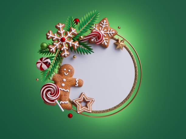 istock 3d render, Christmas greeting card mockup. Round frame with copy space, decorated with festive ornaments, gingerbread man, cookies, caramel candy cane, fir tree twigs; isolated on green background 1279130345