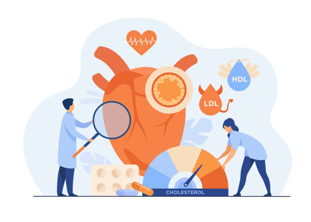 Heart disease risk concept Heart disease risk concept. Medical examination of heart with high cholesterol, blood pressure and cardiovascular system problems. Flat vector illustration for medicine, health care, treatment concept bad heart stock illustrations