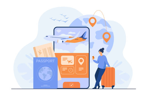 Online app for tourism Online app for tourism. Traveler with mobile phone and passport booking or buying plane ticket. Flat illustration for vacation, digital technology, trip concept travel hotel accommodations stock illustrations