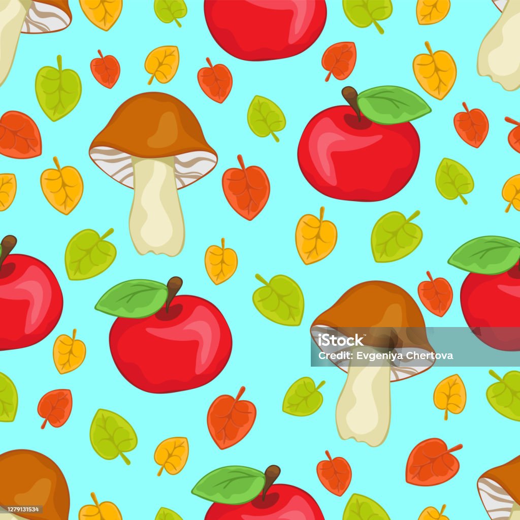 Ilustración de Manzanas Setas Y Hojas Patrón Sin Costura Dibujo A Mano De  Dibujos Animados Colorido Fondo Del Bosque De Otoño Para El Diseño De  Impresiones De Los Niños Tela Fondos De