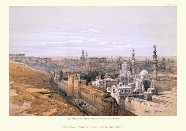Vintage illustration Cityscape of Cairo from the west, Pyramids in background, 19th Century. David Roberts.