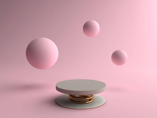 istock 3D rendering. Minimal abstract scene with Round stone Pedestal with gold spring and Surrounded by round objects. Podium can be used for advertising, Isolated on pink background. Display product. 1279133554