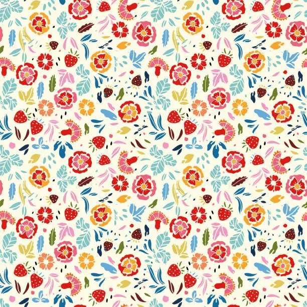 Vector illustration of Vintage folk art rose summer pattern. Colorful hand drawn floral design.