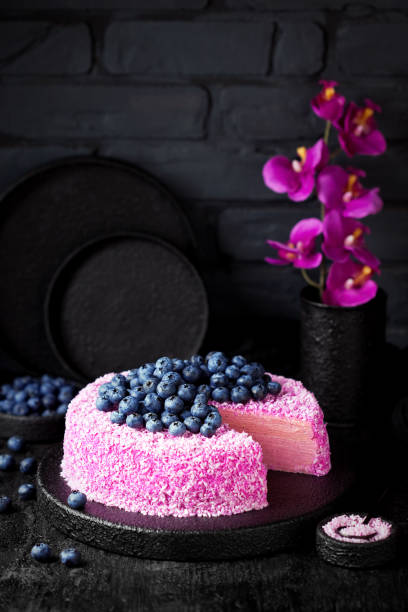 Homemade crepe cake with pink coconut pitahaya cream Homemade crepe cake with pink coconut pitahaya cream and fresh blueberries on a black background, selective focus dragon fruit flower stock pictures, royalty-free photos & images