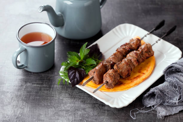 Grilled meat on skewers and eggs keto flat bread