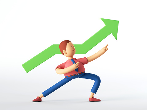 3d render. Man cartoon character with growing chart, green arrow goes up. Business clip art isolated on white background.