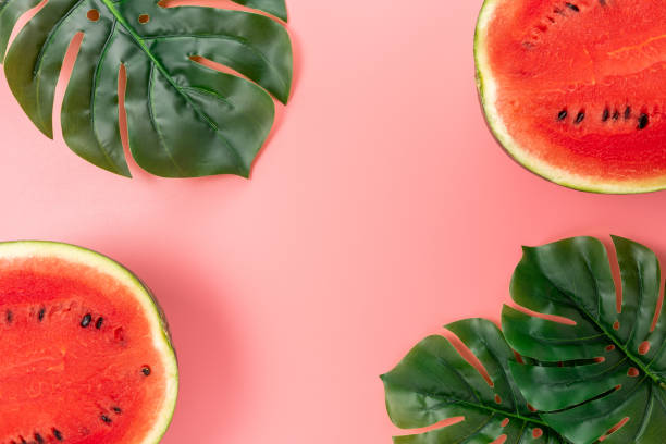 istock Watermelon with palm tree leaf on pink background. Creative minimal summer concept. 1279138498