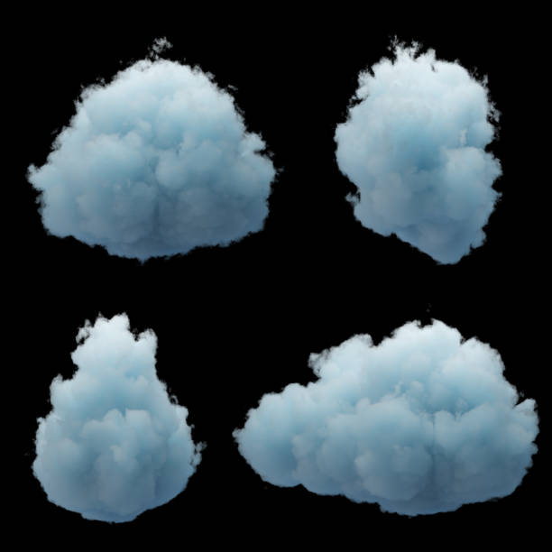 istock 3d render. Random shapes of abstract blue clouds isolated on black background. Cumulus different views clip art. 1279138585