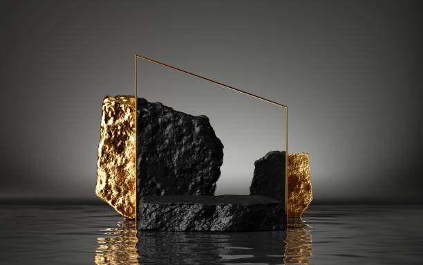 istock 3d render, abstract modern minimal background with black and gold cobblestones, reflection in the water. Showcase for black friday sale with empty platform for product displaying 1279138688