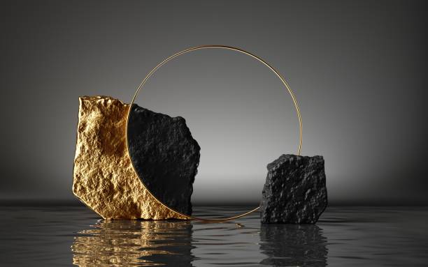 istock 3d render, abstract modern minimal background with black and gold cobblestones, reflection in the water on the wet floor. Blank showcase with golden round frame, empty platform for product displaying 1279138730