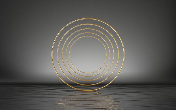 istock 3d render, abstract golden rings, round frames isolated on black background with reflection in the water on the wet floor. Modern minimal geometric concept 1279138765