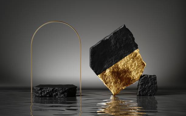 istock 3d render, abstract modern minimal background with black and gold cobblestones, arch and reflection in the water. Showcase for black friday sale with empty podium for product displaying 1279138793