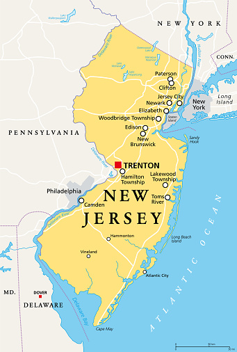 New Jersey, NJ, political map with capital Trenton. State in the Mid-Atlantic region of northeastern United States of America. The Garden State. Most densely populated US state. Illustration. Vector.