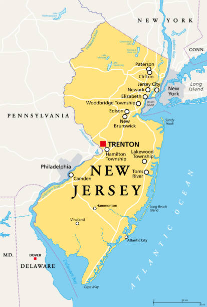New Jersey, NJ, political map, The Garden State New Jersey, NJ, political map with capital Trenton. State in the Mid-Atlantic region of northeastern United States of America. The Garden State. Most densely populated US state. Illustration. Vector. clifton stock illustrations