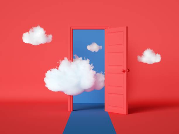 3d render, white clouds going through, flying out the open door, objects isolated on bright red background. Abstract metaphor, modern minimal concept. Surreal dream scene 3d render, white clouds going through, flying out the open door, objects isolated on bright red background. Abstract metaphor, modern minimal concept. Surreal dream scene blue house red door stock pictures, royalty-free photos & images