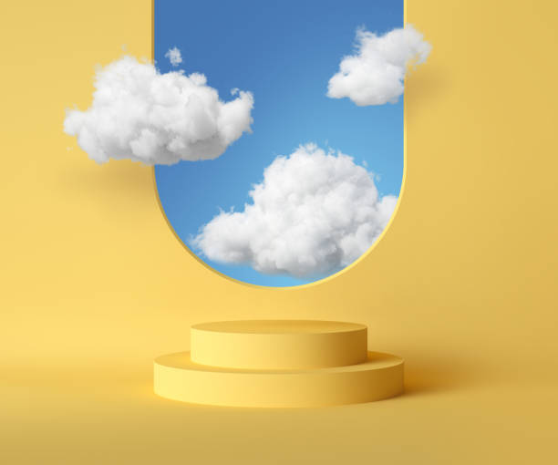 3d render, abstract background with blue sky inside the window on the yellow wall. White clouds fly inside the room with vacant podium. Blank showcase mockup with empty round stage 3d render, abstract background with blue sky inside the window on the yellow wall. White clouds fly inside the room with vacant podium. Blank showcase mockup with empty round stage cotton cloud stock pictures, royalty-free photos & images