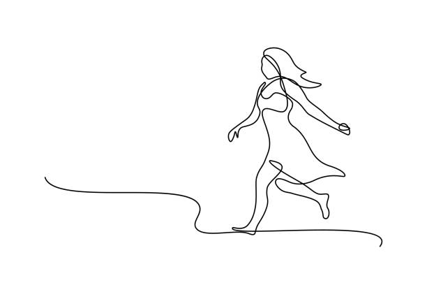 Running woman Running woman in continuous line art drawing style. Happy woman in sundress running barefoot on the beach. Summer vacation and recreation. Minimalist black linear sketch isolated on white background. Vector illustration happiness drawings stock illustrations