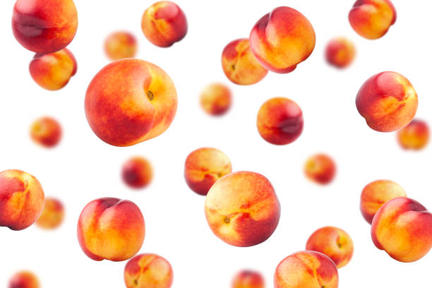 nectarina caída o melocotón aislado sobre fondo blanco, enfoque selectivo - nectarine peaches peach abstract fotografías e imágenes de stock