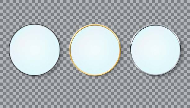 Mirrors set realistic circle Silver and gold frame, white mirrors template. Realistic design for interior furniture. Reflecting glass surfaces isolated. Mirrors set realistic circle Silver and gold frame, white mirrors template. Realistic design for interior furniture. Reflecting glass surfaces isolated. mirror object borders stock illustrations