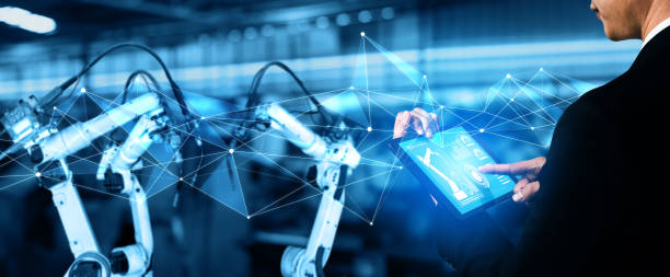 istock Smart industry robot arms for digital factory production technology 1279146891